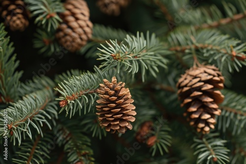 A detailed view of pine cones on a tree. Perfect for nature enthusiasts and holiday-themed projects