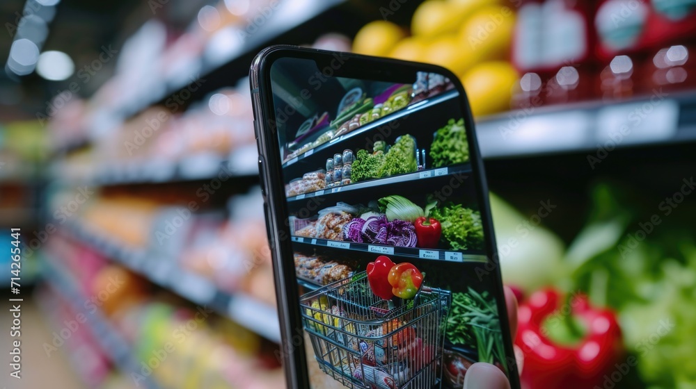 A person capturing a photo of fresh vegetables in a grocery store. Perfect for illustrating healthy eating, food shopping, and culinary concepts - obrazy, fototapety, plakaty 
