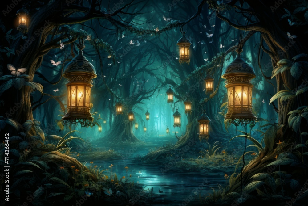 Mystical firefly lanterns, guiding lost souls through the depths of the enchanted forest - Generative AI Mystical firefly lanterns, guiding lost souls through the depths of the enchanted forest - Generative AI