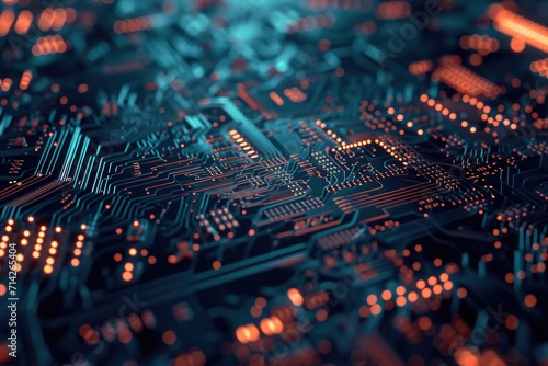 A detailed close up of a computer circuit board. This image can be used to showcase technology, electronics, or the inner workings of a computer