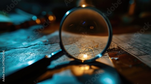 A detailed close-up image of a magnifying glass placed on a table. This image can be used to represent concepts such as investigation, research, analysis, or examination.