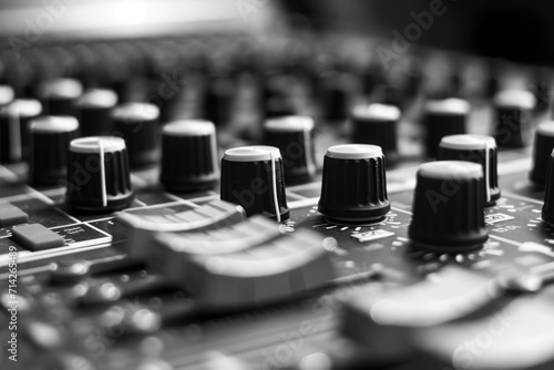 A detailed view of the knobs on a mixing board. This image can be used to represent audio engineering, music production, or sound mixing. photo