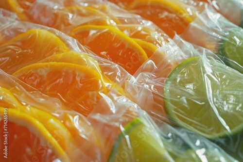 Fresh and vibrant oranges and limes, neatly wrapped in plastic. Perfect for adding a pop of color to any recipe or refreshing beverage.