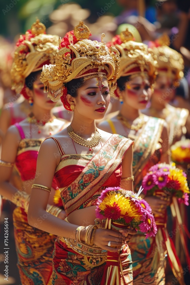 A vibrant group of women wearing eye-catching costumes. Perfect for adding a burst of color and energy to any project A vibrant group of women wearing eye-catching costumes. Perfect for adding a burst of color and energy to any project