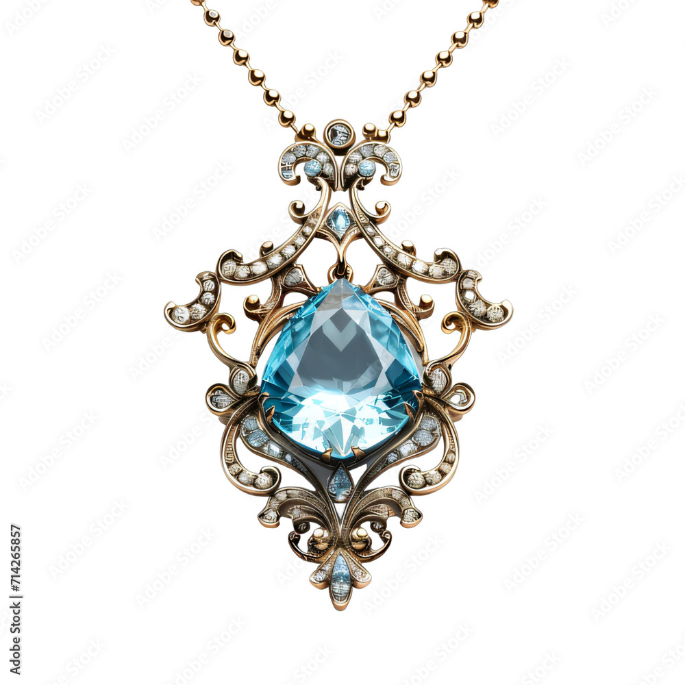 A necklace with a large blue stone in the center on a transparent background png isolated