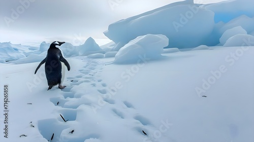 a penguin walking across a snow covered field