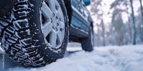 A detailed close-up of a tire covered in snow. Perfect for winter-themed designs and advertisements