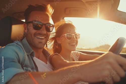A picture of a man and a woman driving a car. Suitable for automotive, travel, and transportation themes © Fotograf
