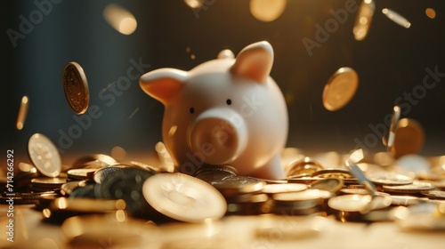 A piggy bank sitting on top of a pile of coins. Perfect for financial planning or saving concepts