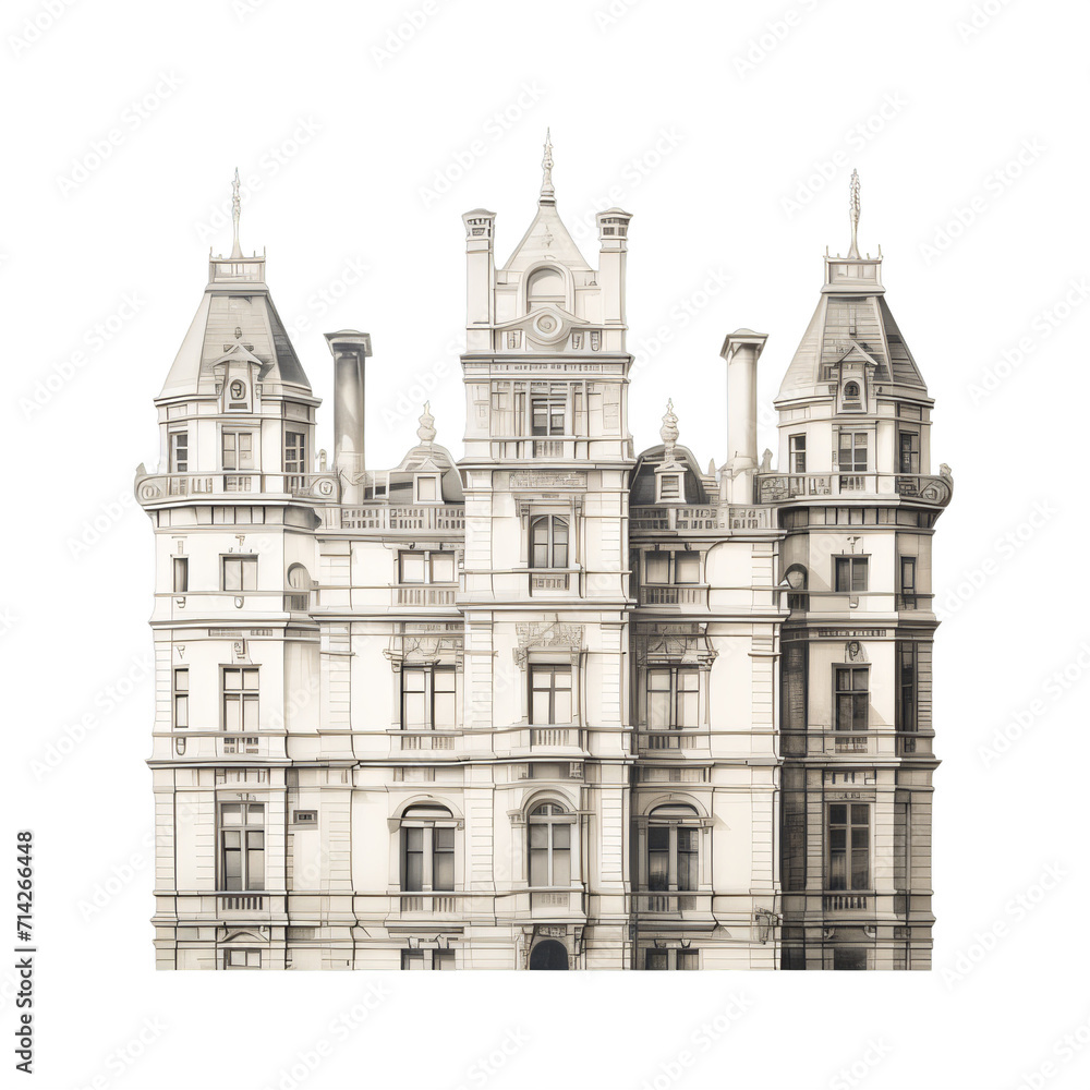 A drawing of a large old building with many windows on a transparent background png isolated