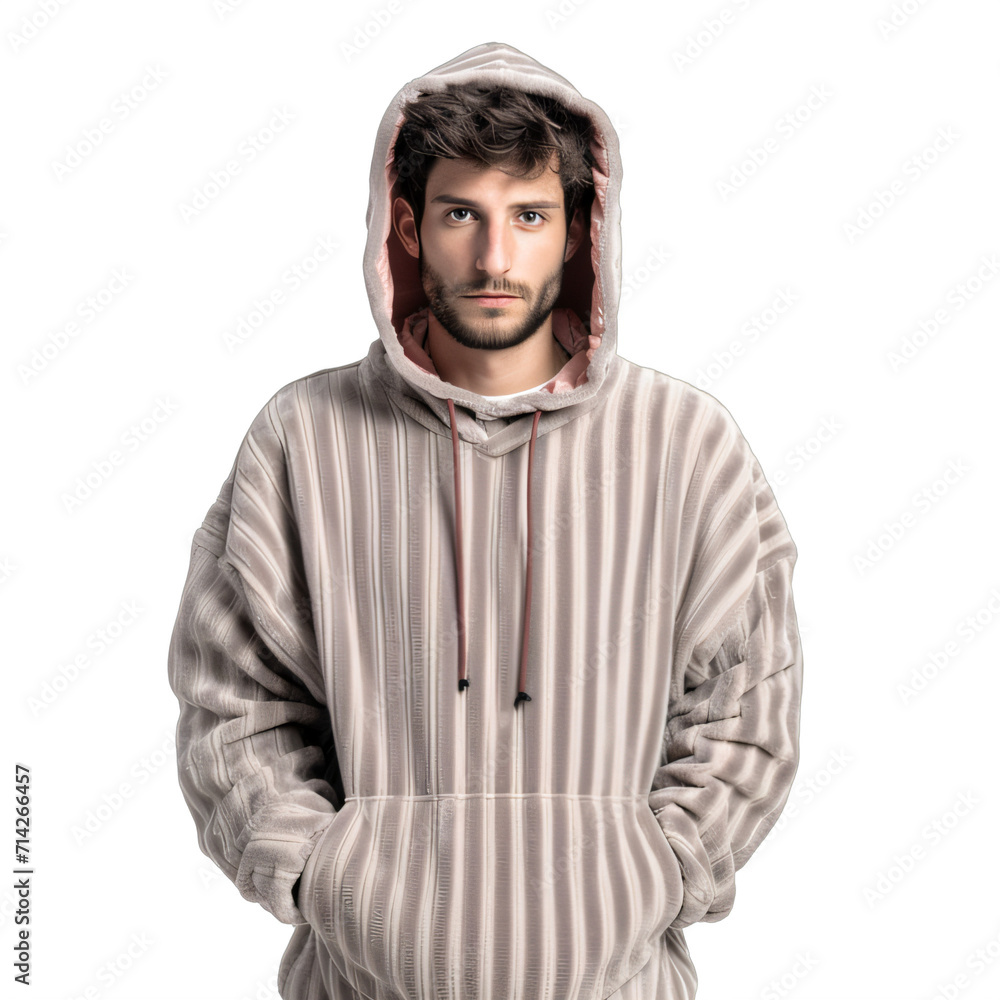 A man in a striped hoodie with his hands in his pockets on a transparent background png isolated