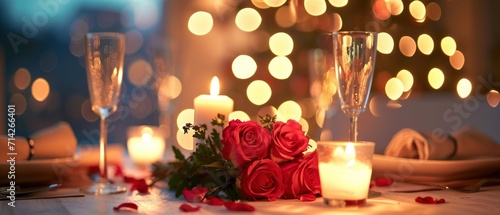 Romantic Ambiance. A Table Set with Candles and Flowers for a Intimate Valentine s Day Dinner for Two  Enhanced by a Pastel Bokeh Background.