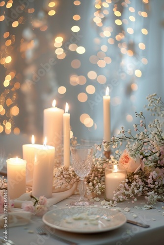 Romantic Ambiance. A Table Set with Candles and Flowers for a Intimate Valentine s Day Dinner for Two  Enhanced by a Pastel Bokeh Background.