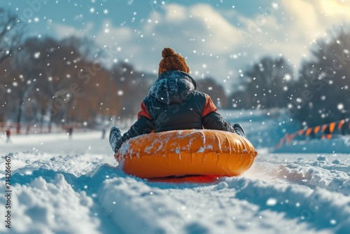 A child sitting on an inflatable tube in the snow. Perfect for winter activities and fun in the snow photo