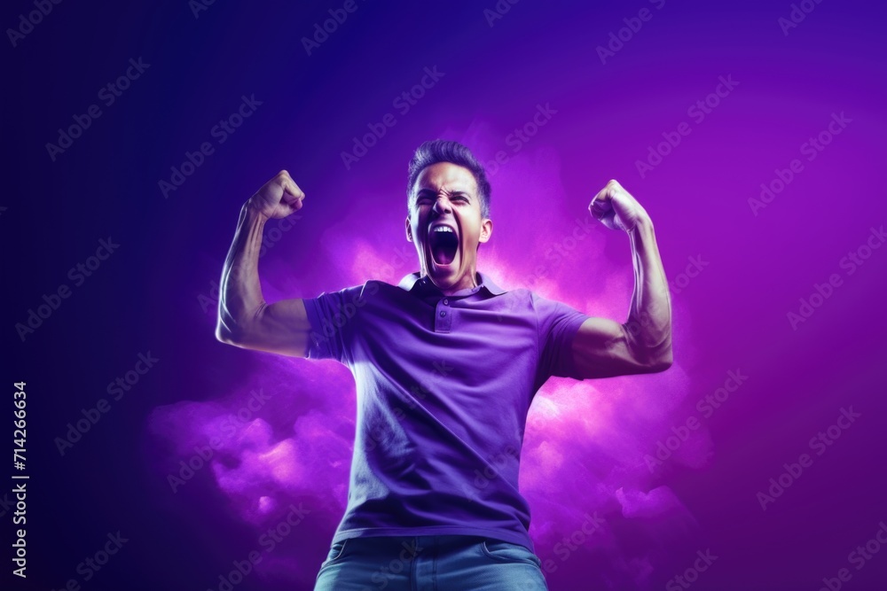 Photo of happy person celebrating success on violet background. Photo of happy person celebrating success on violet background.