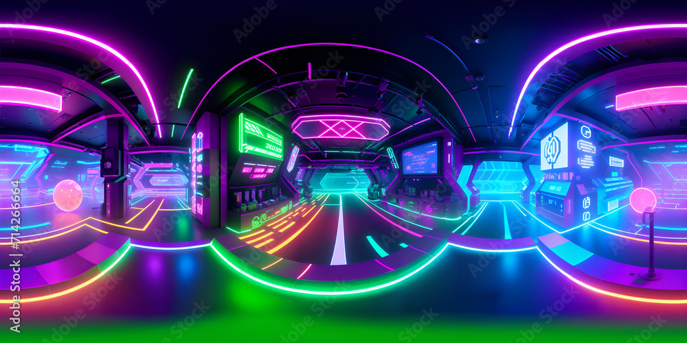 equirectangular cyberpunk city street 360 degree HDRI map