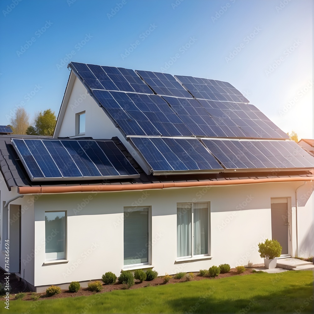 Solar panels generating electricity on a one-floor house with a plain gradient background. Photovoltaics. Renewable energy. Generated AI. Solar panels generating electricity on a one-floor house with a plain gradient background. Photovoltaics. Renewable energy. Generated AI.