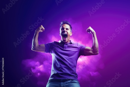 Photo of happy person celebrating success on violet background.