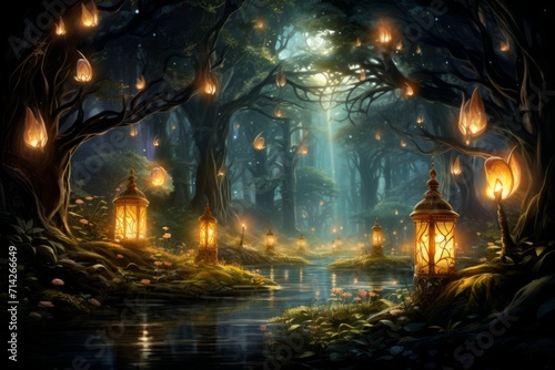 Mystical firefly lanterns, guiding lost souls through the depths of the enchanted forest - Generative AI © Sidewaypics