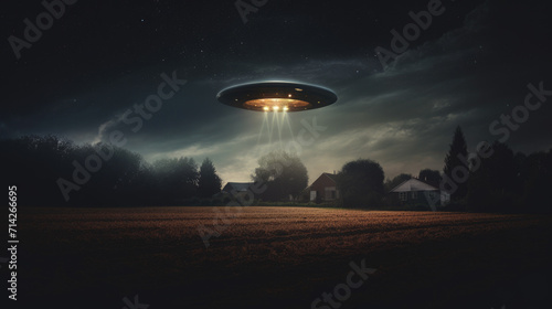 Spaceship with yellow light over field in country, negative UFO drawing. Generative ai photo