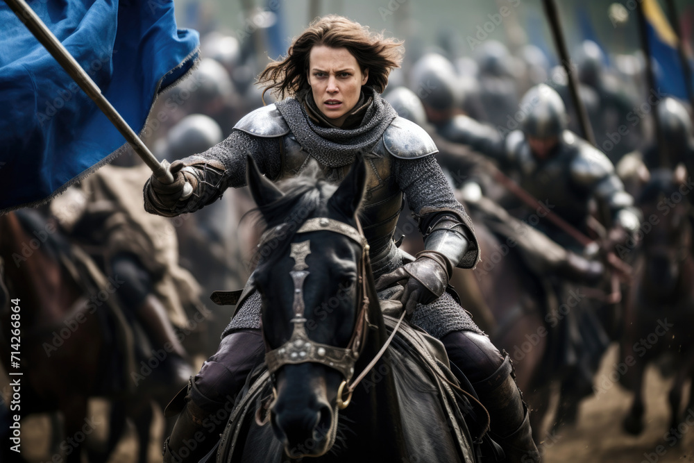 Obraz premium Jeanne d’Arc (Joan of Arc) Johanna von Orléans leading the French army to a victory at Orléans in 1429 (generative AI)