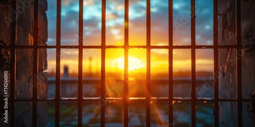 A jail cell with the sun setting behind it. Ideal for depicting the concept of freedom and confinement