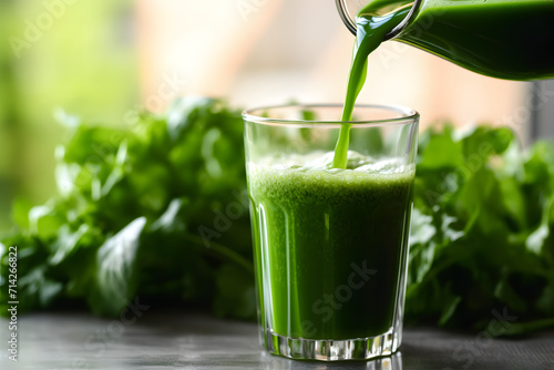 Pouring green juice into a glass.