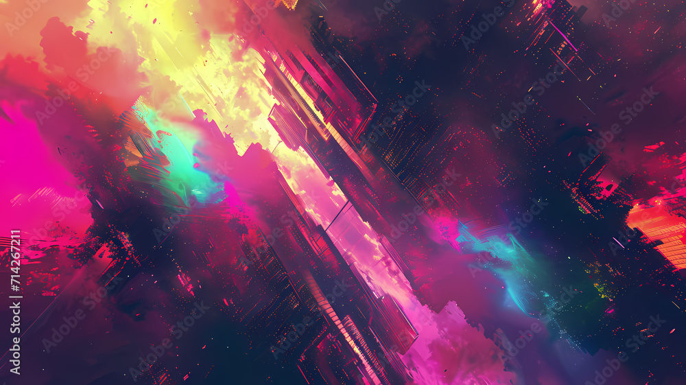 Background of abstract digital art with neon colors and a futuristic synthwave vibe