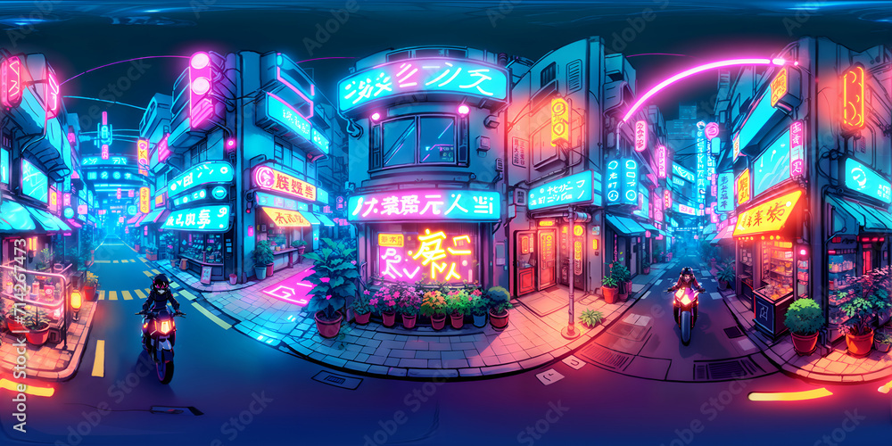 Full 360 degrees seamless spherical panorama HDRI equirectangular projection of anime cyberpunk city street. Texture environment map for lighting and reflection source rendering 3d scenes. Full 360 degrees seamless spherical panorama HDRI equirectangular projection of anime cyberpunk city street. Texture environment map for lighting and reflection source rendering 3d scenes.