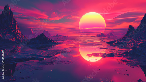 Abstract digital art background with futuristic synthwave color palette photo