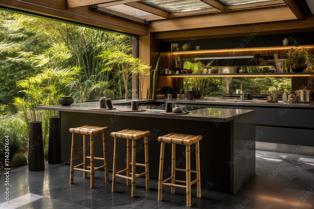 Fototapeta premium Spacious modern kitchen biophilic interior design