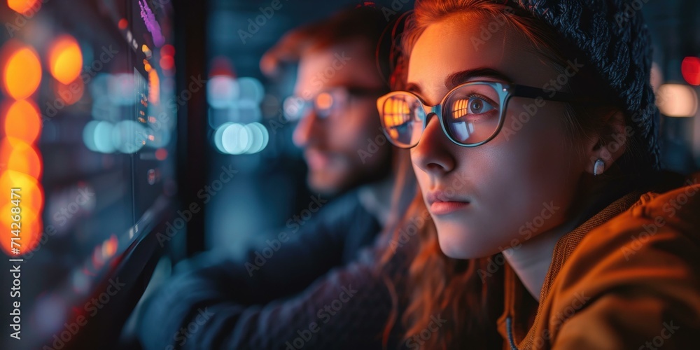 A woman wearing glasses and a man looking at a computer screen. Generative AI. A woman wearing glasses and a man looking at a computer screen. Generative AI.