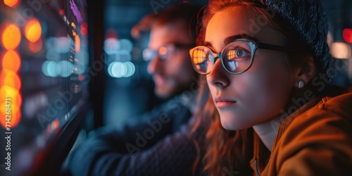 A woman wearing glasses and a man looking at a computer screen. Generative AI.