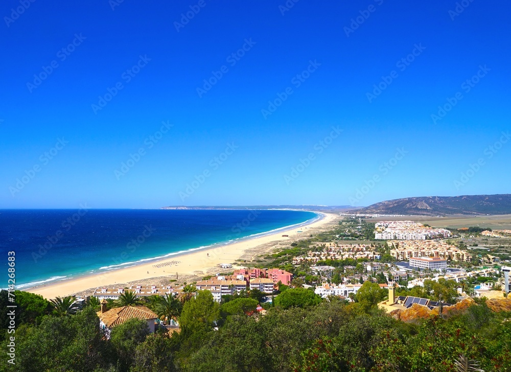 view from the moutains over the beautiful endless sandy beach between Atlanterra, Zahara de los Atunes and Barbate at the Costa de la Luz, Andalusia, Spain