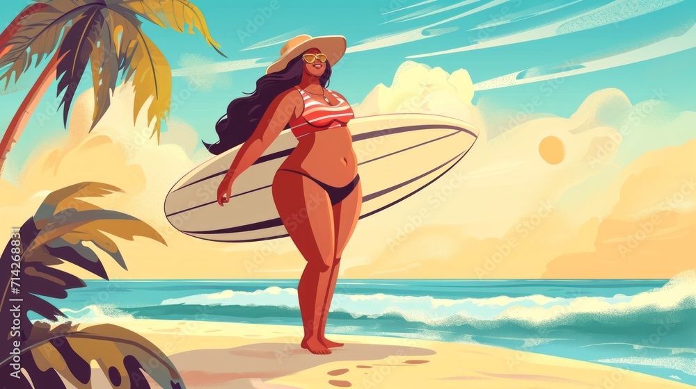 Illustration of a Plus-Size Woman with a Surfboard on the Beach Shore