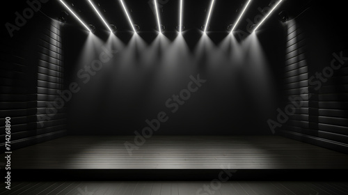 Spotlights on product podium in black dark empty room