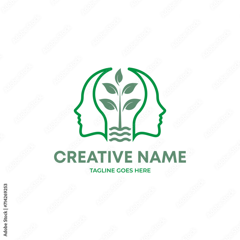 eco friendly two face with green bulb logo. natural mind logo eco friendly two face with green bulb logo. natural mind logo