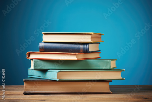 Stacked books on blue background, back to school. Generative ai