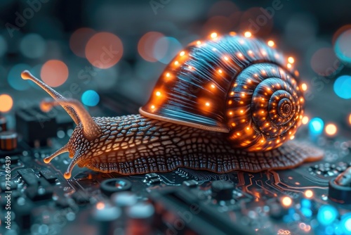 A snail sitting on top of a circuit board. Artificial glowing object, concept for a software visualization.
