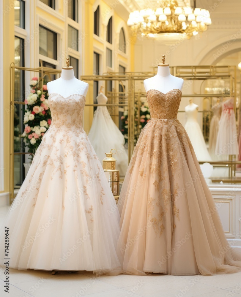Three wedding dresses on display in a store. Generative AI. Three wedding dresses on display in a store. Generative AI.