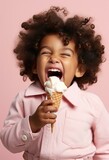 A little girl with curly hair eating an ice cream cone. Generative AI.