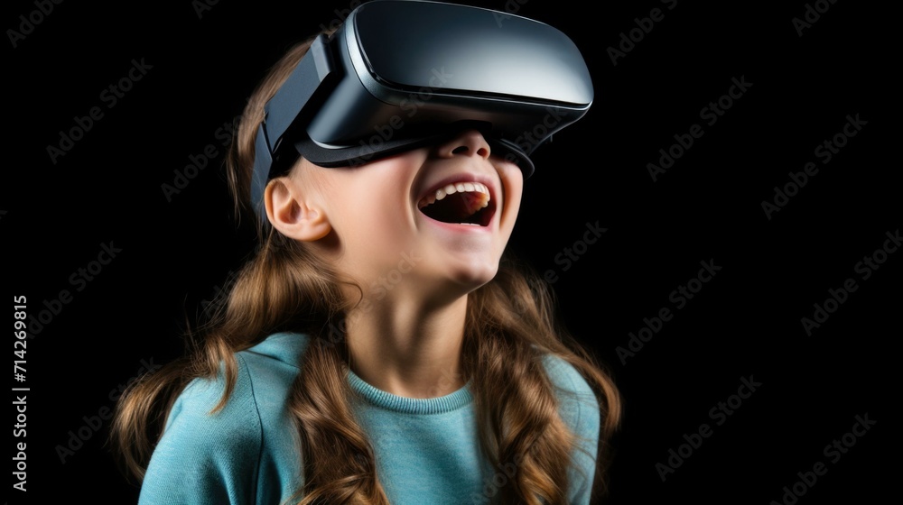 A girl wearing a virtual reality headset. Generative AI. A girl wearing a virtual reality headset. Generative AI.