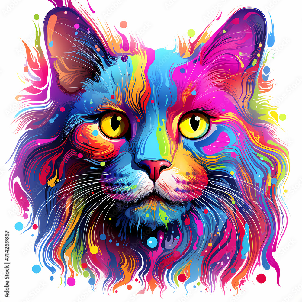 Illustration of an colorful drawing cat or tiger, with multicolor splashes isolated on white