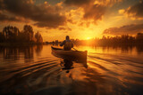 Man in canoe on lake bathing in golden light admiring sunset at end of day.
