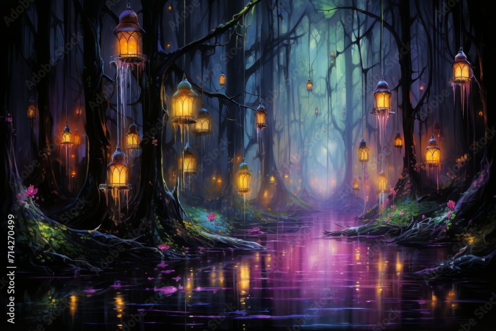Mystical firefly lanterns, guiding lost souls through the depths of the enchanted forest - Generative AI Mystical firefly lanterns, guiding lost souls through the depths of the enchanted forest - Generative AI