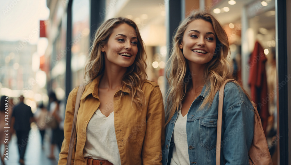 European-looking twins on shopping, Two beauties, immersed in atmosphere of stylish boutiques on beautiful street. Their shared style and smiles create vibrant street portrait of fashion inspiration