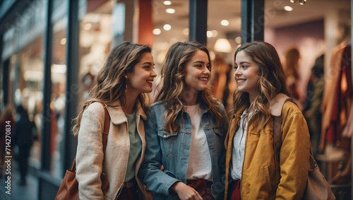 Generation Z girls have fun shopping at the mall. The smiles of young girls sparkle outside the clothing store. shop together. Three stylish girls stand near a store window © Inna
