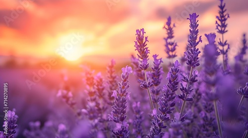 a field of lavender flowers with a sunset in the background
