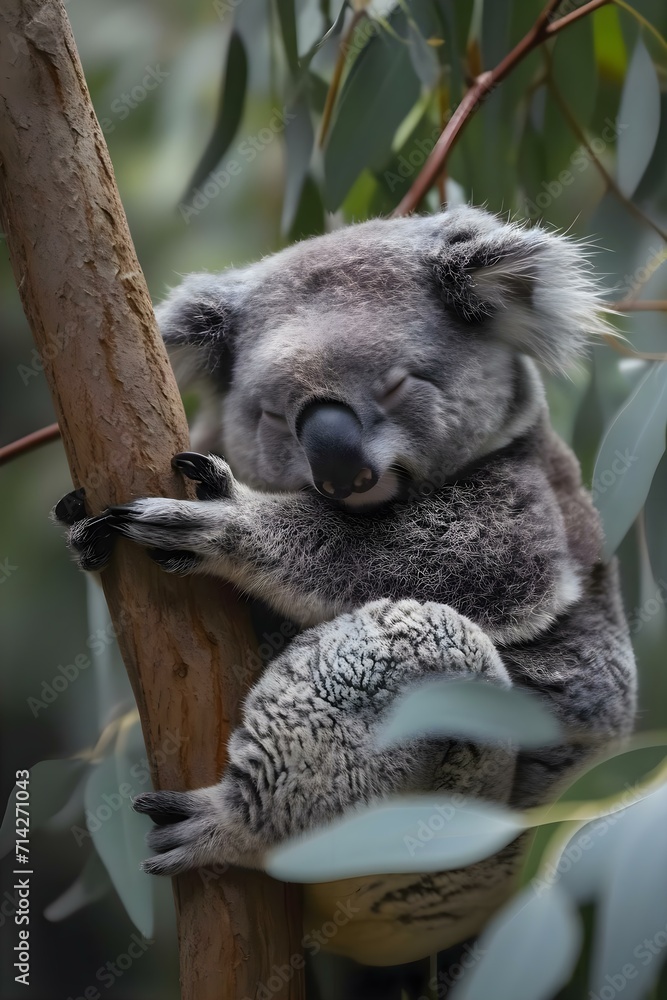 Fototapeta premium a koala sleeping in a tree with its eyes closed