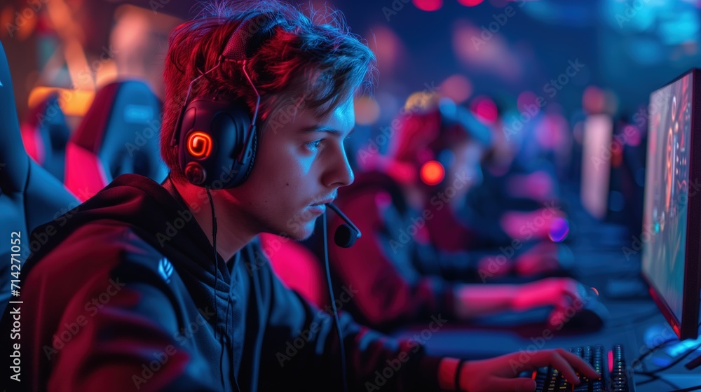 Teenage boy intensely focused while playing in a professional gaming tournament Teenage boy intensely focused while playing in a professional gaming tournament